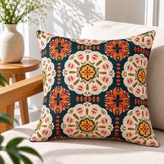 Teal Folk Floral Medallion Printed Cushion Covers (Pack of 3)