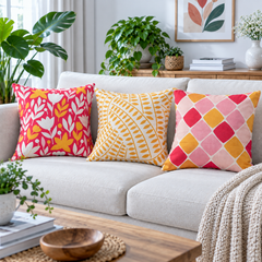 Mid-Century Floral Mixed Pattern Printed Cushion Covers (Pack of 3)