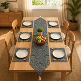 Midnight Blue Regency Table Runner With Mats In Damask Fabric 005