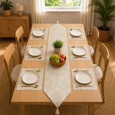 Delicate Gold Medallion Table Runner With Mats In Damask Fabric 0010