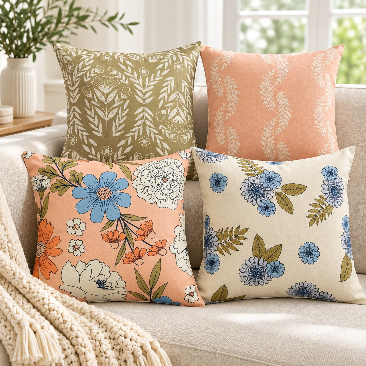 Olive Leaves Pattern Printed Cushion Cover Pack of 4