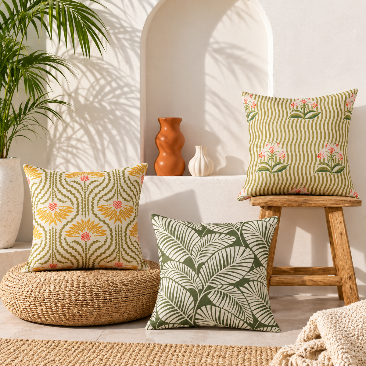 Teal Folk Floral Medallion Printed Cushion Covers (Pack of 3) (Copy)