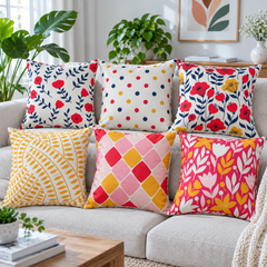 Mid-Century Floral Mixed Pattern Printed Cushion Covers (Pack of 6)