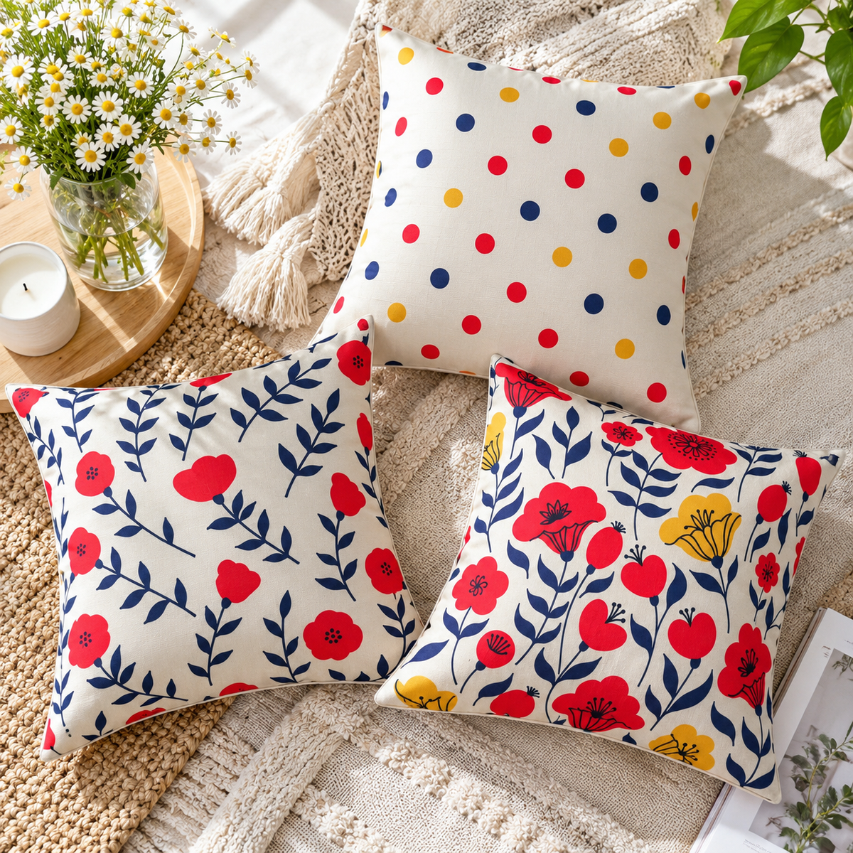 Mid-Century Floral Mixed Pattern Printed Cushion Covers (Pack of 3)