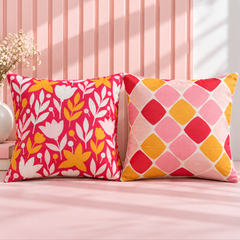 Mid-Century Floral Mixed Pattern Printed Cushion Cover Pack of 2