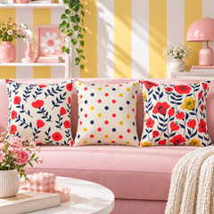 Mid-Century Floral Mixed Pattern Printed Cushion Covers (Pack of 3)