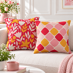 Mid-Century Floral Mixed Pattern Printed Cushion Cover Pack of 2