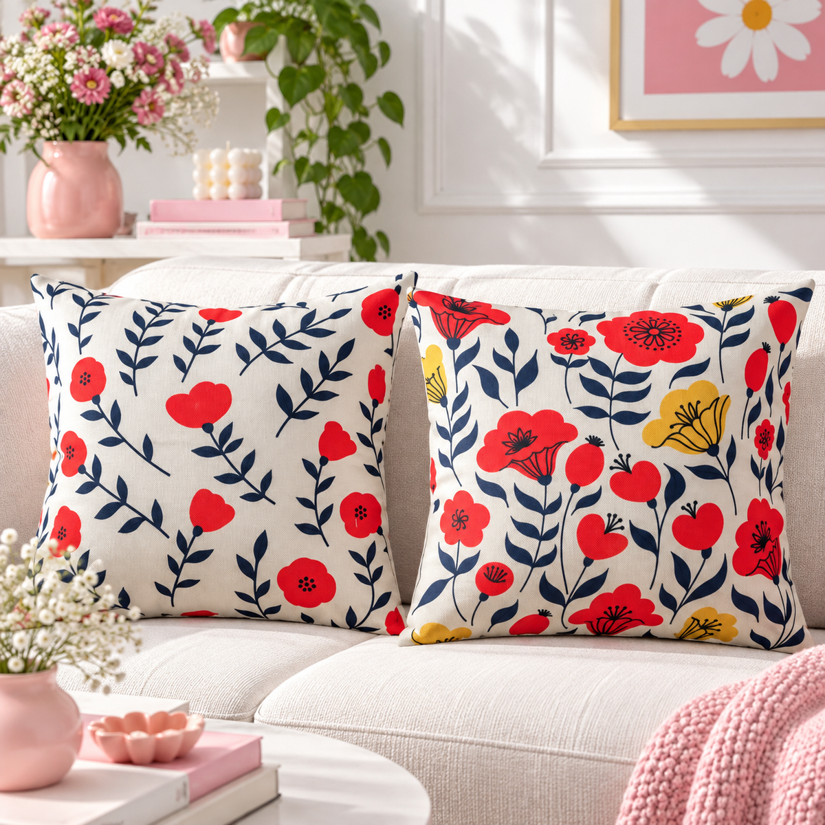 Mid-Century Floral Mixed Pattern Printed Cushion Cover Pack of 2