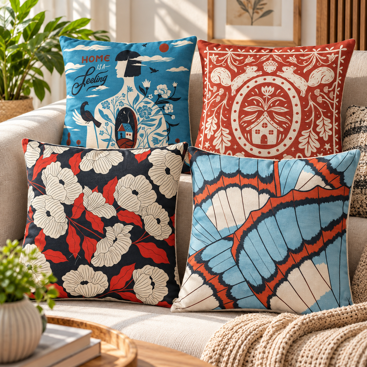 Terracotta Quatrefoil Floral Printed Cushion Covers (Pack of 4)