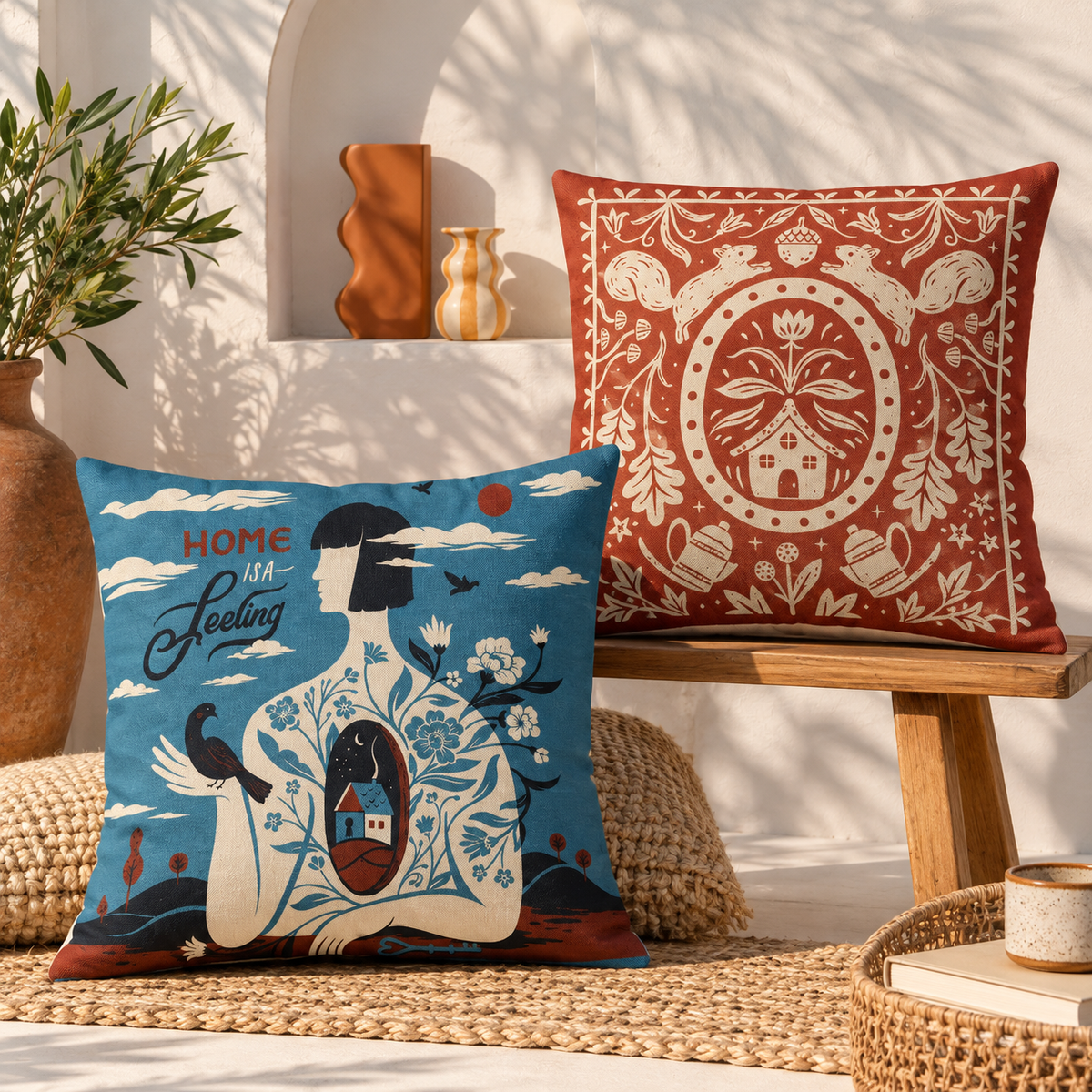 Terracotta Quatrefoil Floral Printed Cushion Covers (Pack of 2)