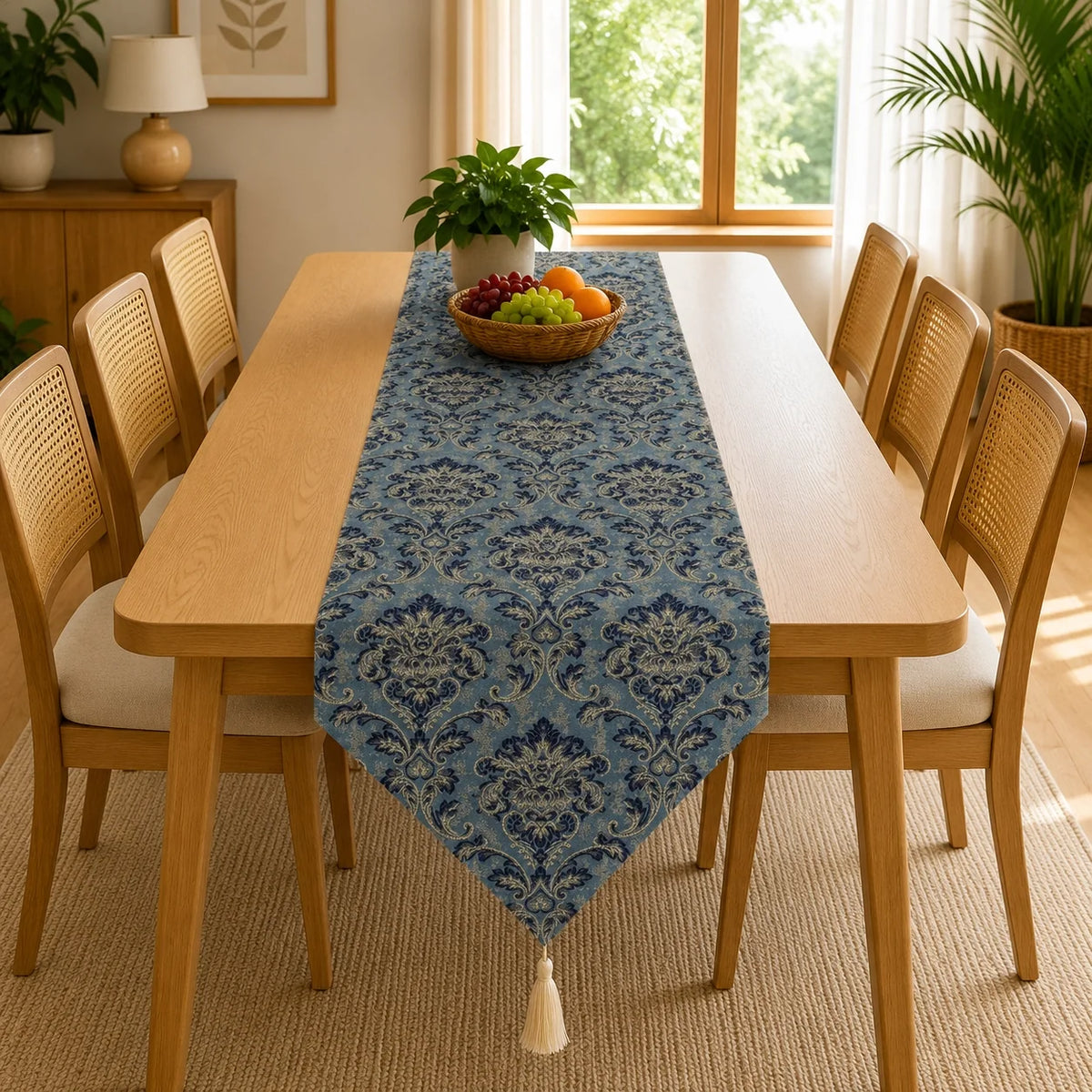 Midnight Blue Regency Table Runner In Matelassé Fabric 005