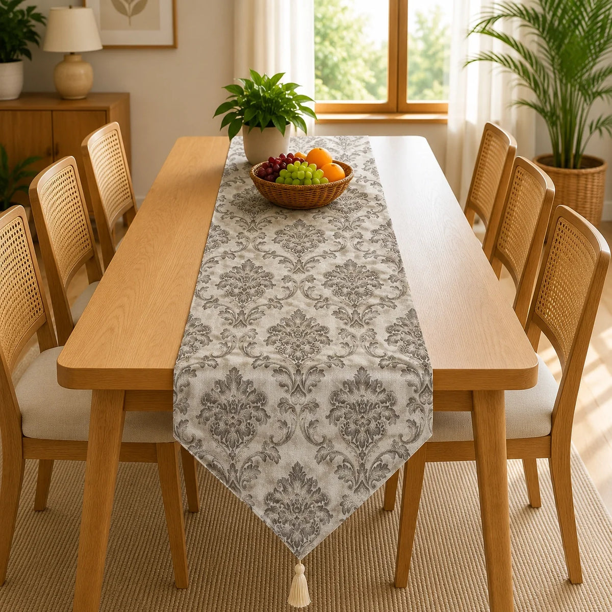 Heirloom Silver Medallion Table Runner In Matelassé Fabric 006