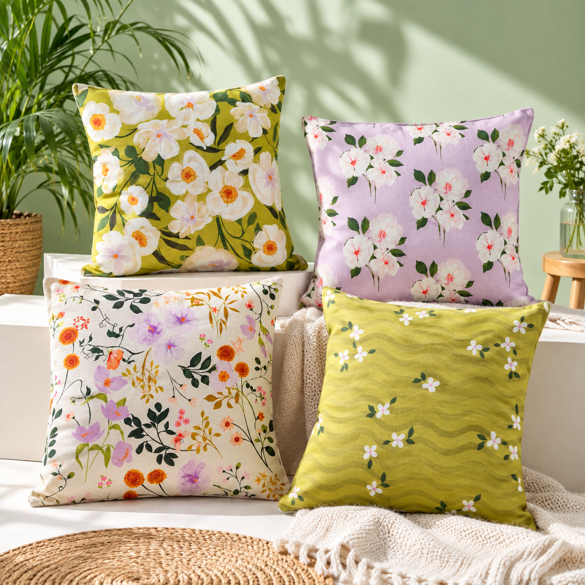 Olive Wavy Floral Pattern Printed Cushion Cover Pack of 4