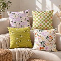 Olive Wavy Floral Pattern Printed Cushion Cover Pack of 4