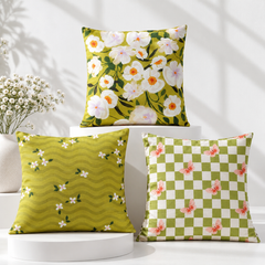 Olive Wavy Floral Pattern Printed Cushion Covers (Pack of 3)