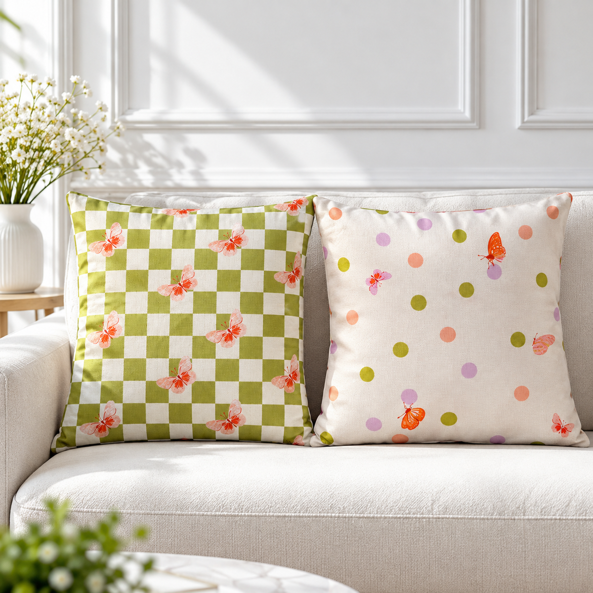 Olive Wavy Floral Pattern Printed Cushion Covers (Pack of 2)