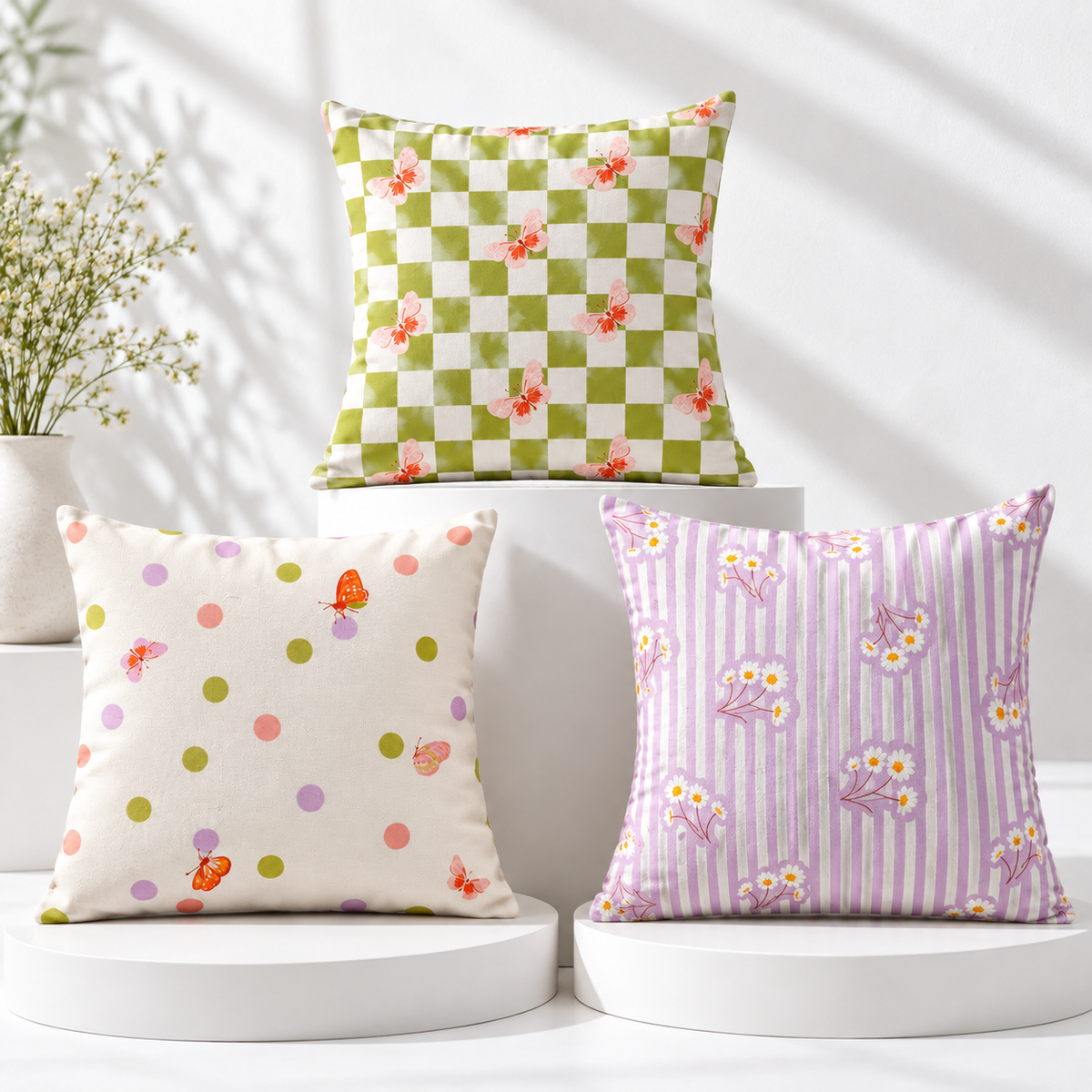 Olive Wavy Floral Pattern Printed Cushion Covers (Pack of 3)