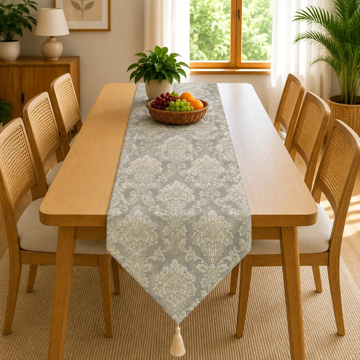 Imperial Sage Brocade Table Runner In Matelassé Fabric 008