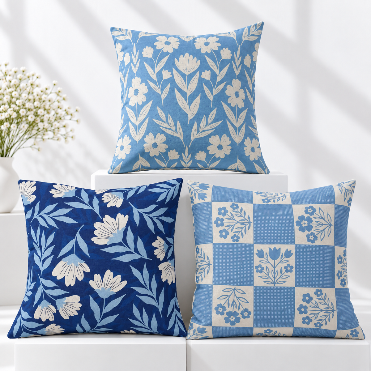 Blue Daisy Floral Printed Cushion Covers Pack of 3