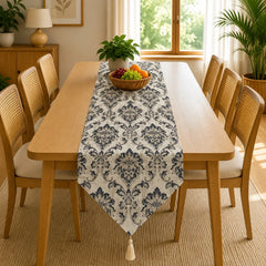 Indigo Charcoal Bloom Table Runner In Matelassé Fabric 009