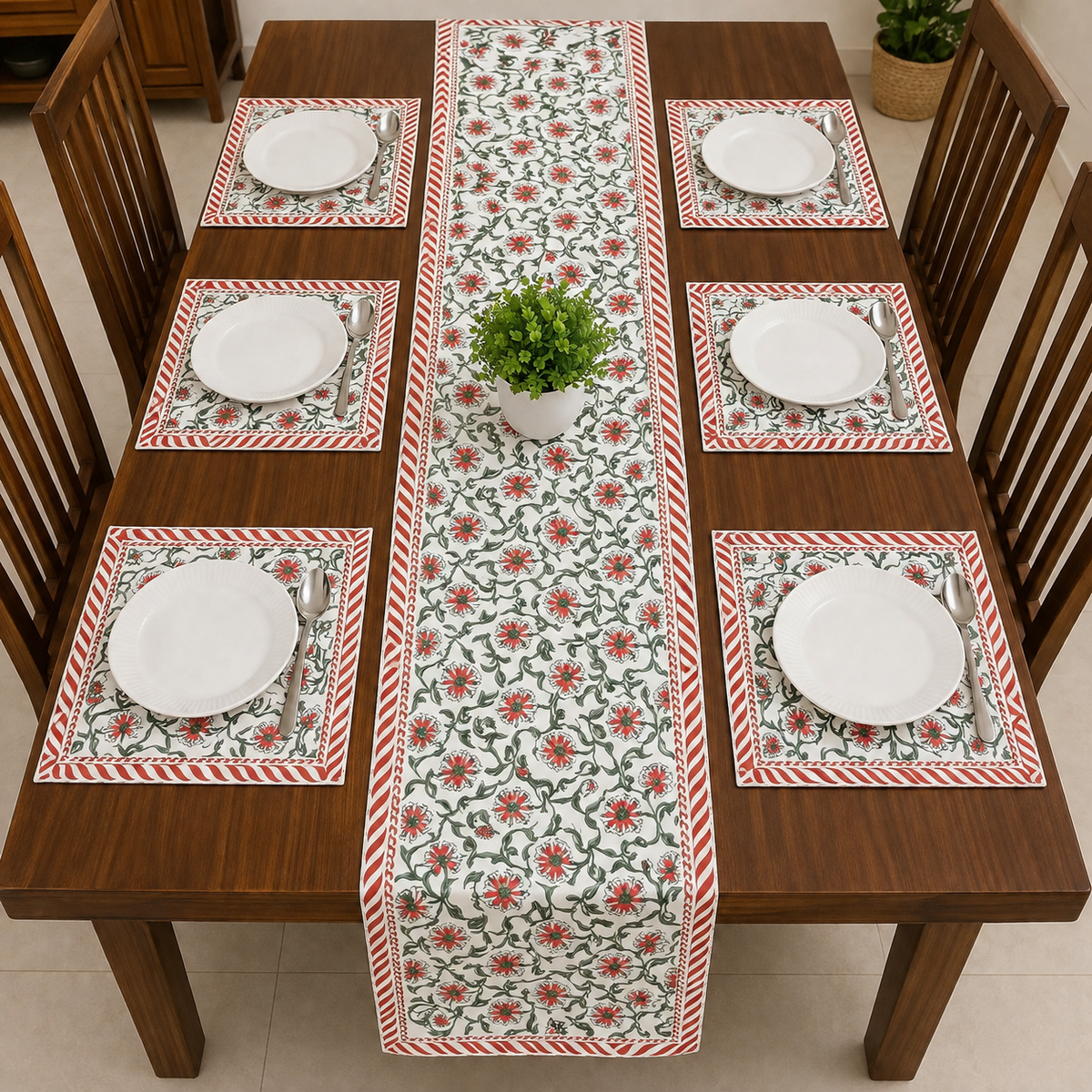 Scarlet Blossom Table Runner with 6 mats