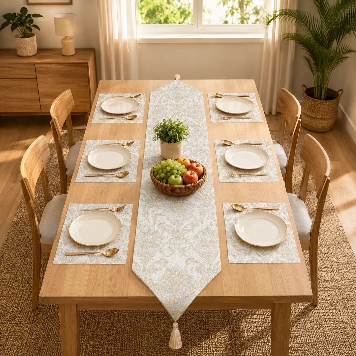Misty Blue Heritage Table Runner With Mats In Damask Fabric 002