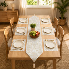 Misty Blue Heritage Table Runner With Mats In Damask Fabric 002