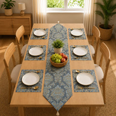 The Blue Versailles Table Runner With Mats In Damask Fabric 0011