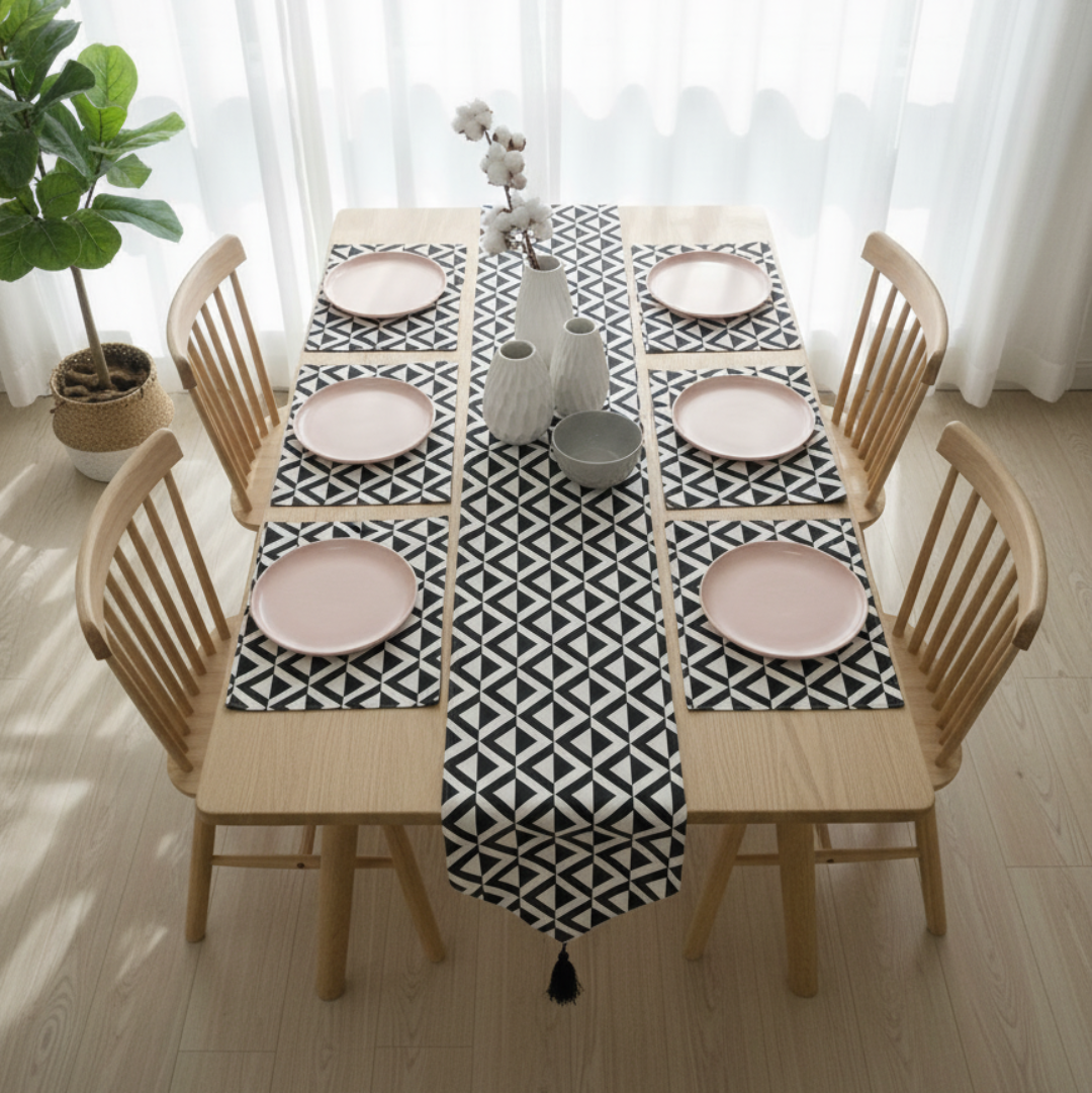 Classic Black Triangle Mosaic Table Runner with Mats